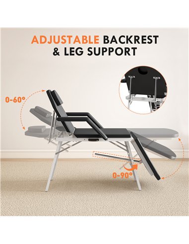 HOMCOM Portable Massage Table, 3 Section Adjustable Beauty Bed, Foldable Massage Bed with Face Hole, Recliner Chair with Removab