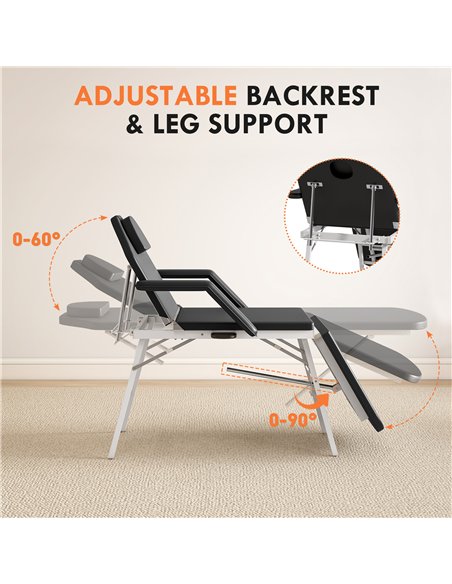 HOMCOM Portable Massage Table, 3 Section Adjustable Beauty Bed, Foldable Massage Bed with Face Hole, Recliner Chair with Removab