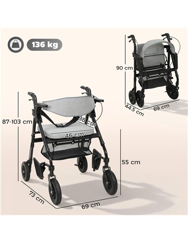 HOMCOM Rollator Walker Wheelchair, with Seat - Grey