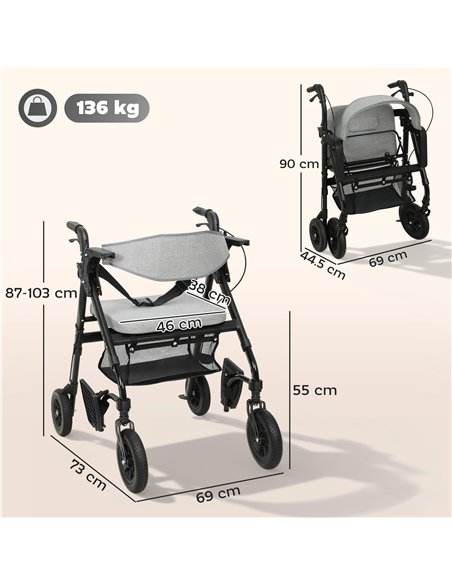 HOMCOM Rollator Walker Wheelchair, with Seat - Grey