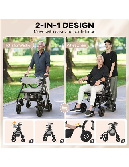 HOMCOM Rollator Walker Wheelchair, with Seat - Grey