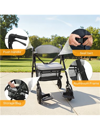 HOMCOM Rollator Walker Wheelchair, with Seat - Grey