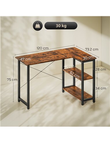 HOMCOM L Shaped Desk, Corner Computer Desk with Bookshelf for Home Office, Study Room, Workstation, 120 x 73.2 x 75cm, Rustic Br
