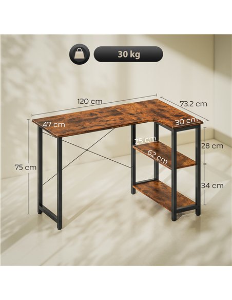 HOMCOM L Shaped Desk, Corner Computer Desk with Bookshelf for Home Office, Study Room, Workstation, 120 x 73.2 x 75cm, Rustic Br