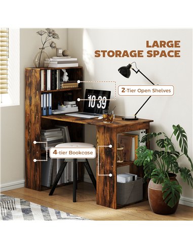 HOMCOM 120cm Computer Desk, Wooden PC Laptop Table with 6-Tier Storage Bookshelves, Home Office Working Study Desk, Writing Work