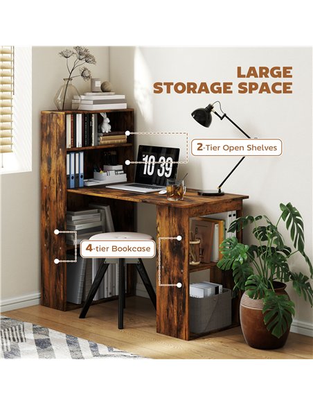 HOMCOM 120cm Computer Desk, Wooden PC Laptop Table with 6-Tier Storage Bookshelves, Home Office Working Study Desk, Writing Work