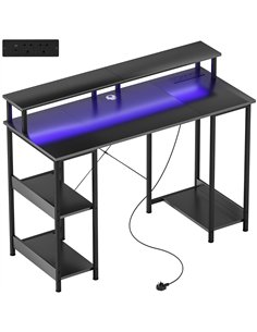 HOMCOM LED Computer Desk, with Power Outlets and Shelves - Carbon Fibre Grey