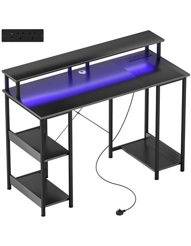 HOMCOM LED Computer Desk, with Power Outlets and Shelves - Carbon Fibre Grey