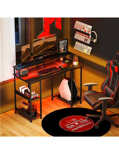 HOMCOM LED Computer Desk, with Power Outlets and Shelves - Carbon Fibre Grey