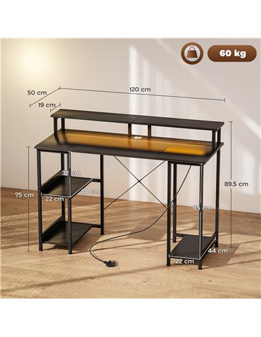 HOMCOM LED Computer Desk, with Power Outlets and Shelves - Carbon Fibre Grey