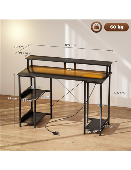 HOMCOM LED Computer Desk, with Power Outlets and Shelves - Carbon Fibre Grey