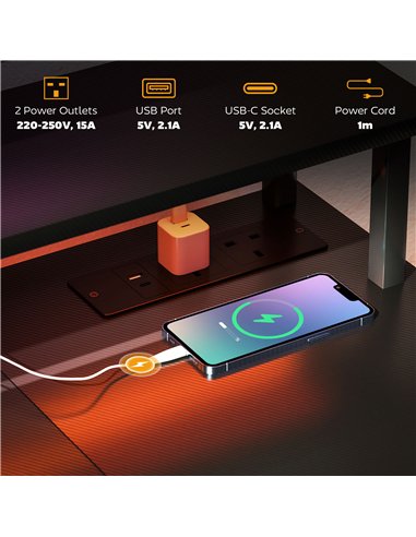 HOMCOM LED Computer Desk, with Power Outlets and Shelves - Carbon Fibre Grey