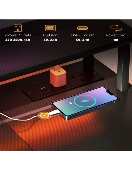 HOMCOM LED Computer Desk, with Power Outlets and Shelves - Carbon Fibre Grey