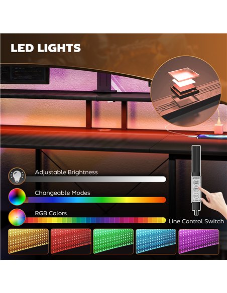 HOMCOM LED Computer Desk, with Power Outlets and Shelves - Carbon Fibre Grey