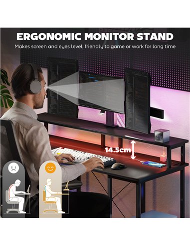 HOMCOM LED Computer Desk, with Power Outlets and Shelves - Carbon Fibre Grey