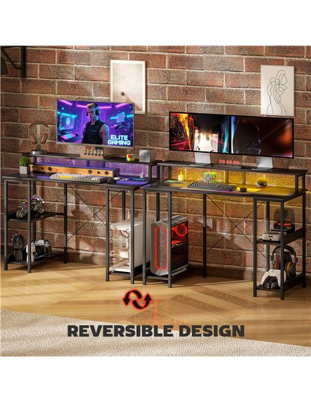 HOMCOM LED Computer Desk, with Power Outlets and Shelves - Carbon Fibre Grey