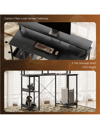 HOMCOM LED Computer Desk, with Power Outlets and Shelves - Carbon Fibre Grey