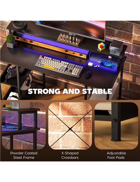 HOMCOM LED Computer Desk, with Power Outlets and Shelves - Carbon Fibre Grey