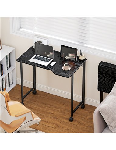 HOMCOM Folding Small Desk on Wheels - Black Wood Effect