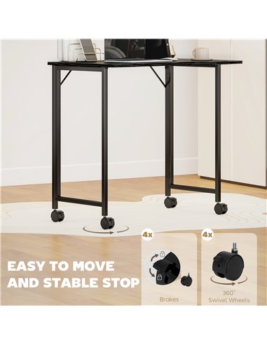 HOMCOM Folding Small Desk on Wheels - Black Wood Effect