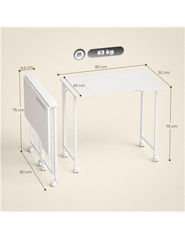 HOMCOM Small Folding Desk, with Wheels - White Wood-Effect