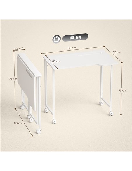 HOMCOM Small Folding Desk, with Wheels - White Wood-Effect
