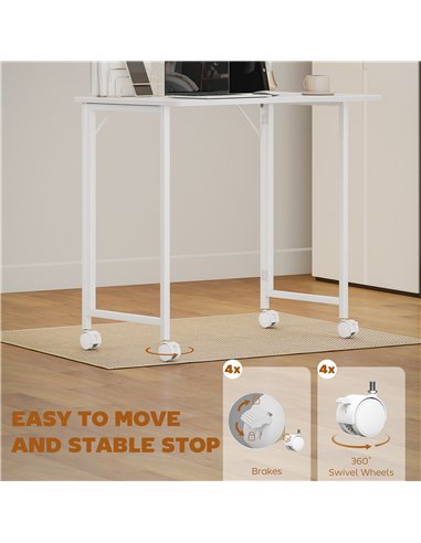HOMCOM Small Folding Desk, with Wheels - White Wood-Effect