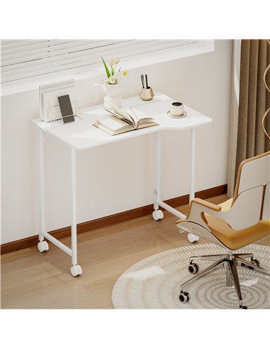 HOMCOM Small Folding Desk, with Wheels - White Wood-Effect