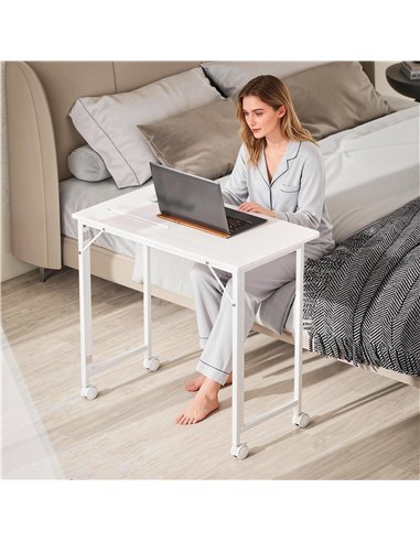 HOMCOM Small Folding Desk, with Wheels - White Wood-Effect