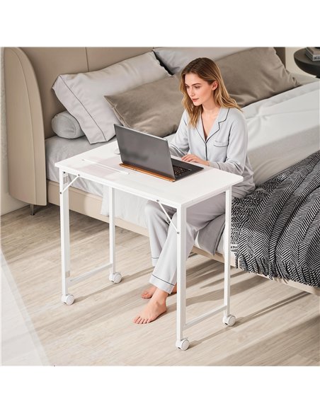 HOMCOM Small Folding Desk, with Wheels - White Wood-Effect
