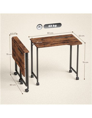 HOMCOM Folding Small Desk on Wheels - Rustic Brown