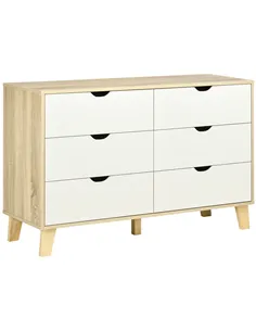 HOMCOM Bedroom Chest of Drawers, Wide 6-Drawer Dresser, Storage Drawer Unit with Wood Legs for Living Room, White and Light Brow