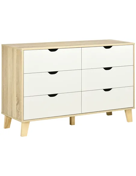 HOMCOM Bedroom Chest of Drawers, Wide 6-Drawer Dresser, Storage Drawer Unit with Wood Legs for Living Room, White and Light Brow