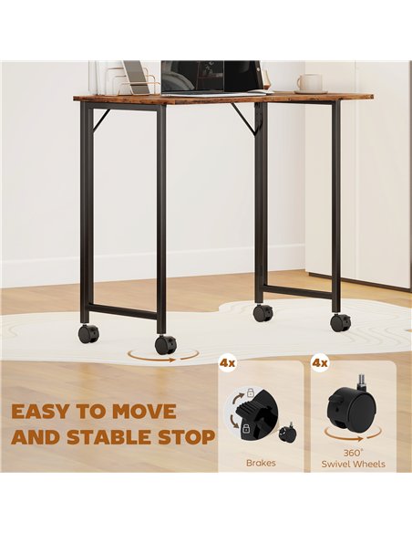 HOMCOM Folding Small Desk on Wheels - Rustic Brown