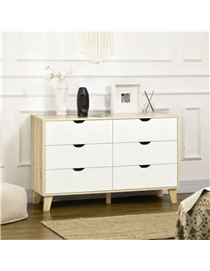 HOMCOM Bedroom Chest of Drawers, Wide 6-Drawer Dresser, Storage Drawer Unit with Wood Legs for Living Room, White and Light Brow 2