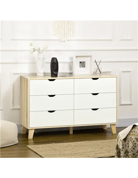 HOMCOM Bedroom Chest of Drawers, Wide 6-Drawer Dresser, Storage Drawer Unit with Wood Legs for Living Room, White and Light Brow