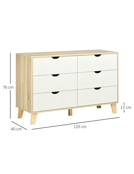 HOMCOM Bedroom Chest of Drawers, Wide 6-Drawer Dresser, Storage Drawer Unit with Wood Legs for Living Room, White and Light Brow