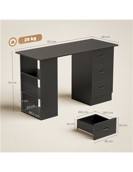 HOMCOM Computer Desk, Writing Table, PC Workstation with 3 Storage Shelves and Drawers, Handle, for Home Office, Black