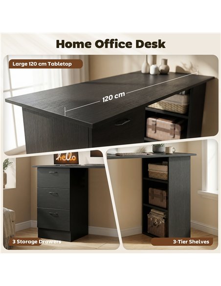 HOMCOM Computer Desk, Writing Table, PC Workstation with 3 Storage Shelves and Drawers, Handle, for Home Office, Black