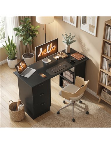 HOMCOM Computer Desk, Writing Table, PC Workstation with 3 Storage Shelves and Drawers, Handle, for Home Office, Black