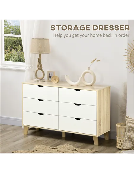 HOMCOM Bedroom Chest of Drawers, Wide 6-Drawer Dresser, Storage Drawer Unit with Wood Legs for Living Room, White and Light Brow