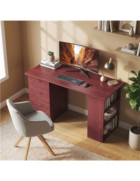 HOMCOM Computer Desk, Writing Table, PC Workstation with 3 Storage Shelves and Drawers, Handle, for Home Office, Walnut Brown