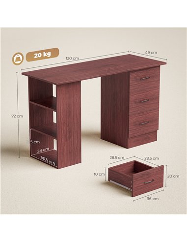 HOMCOM Computer Desk, Writing Table, PC Workstation with 3 Storage Shelves and Drawers, Handle, for Home Office, Walnut Brown