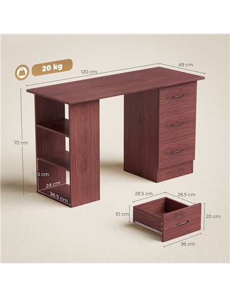 HOMCOM Computer Desk, Writing Table, PC Workstation with 3 Storage Shelves and Drawers, Handle, for Home Office, Walnut Brown