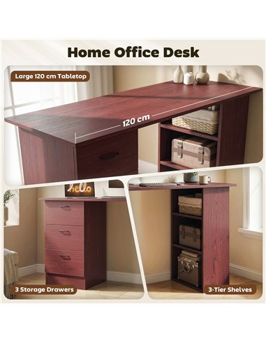 HOMCOM Computer Desk, Writing Table, PC Workstation with 3 Storage Shelves and Drawers, Handle, for Home Office, Walnut Brown
