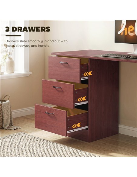 HOMCOM Computer Desk, Writing Table, PC Workstation with 3 Storage Shelves and Drawers, Handle, for Home Office, Walnut Brown