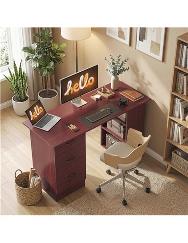 HOMCOM Computer Desk, Writing Table, PC Workstation with 3 Storage Shelves and Drawers, Handle, for Home Office, Walnut Brown