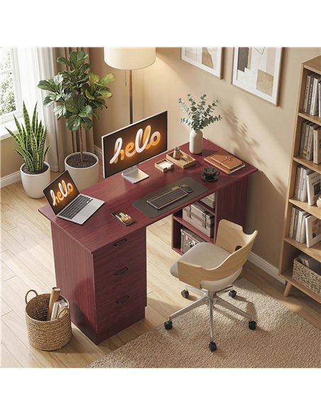 HOMCOM Computer Desk, Writing Table, PC Workstation with 3 Storage Shelves and Drawers, Handle, for Home Office, Walnut Brown