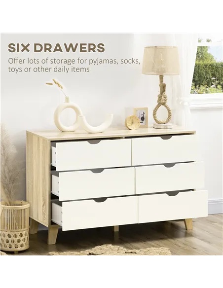 HOMCOM Bedroom Chest of Drawers, Wide 6-Drawer Dresser, Storage Drawer Unit with Wood Legs for Living Room, White and Light Brow