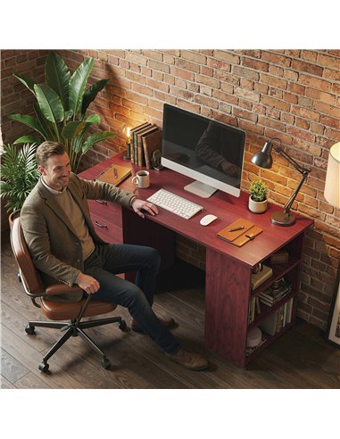 HOMCOM Computer Desk, Writing Table, PC Workstation with 3 Storage Shelves and Drawers, Handle, for Home Office, Walnut Brown